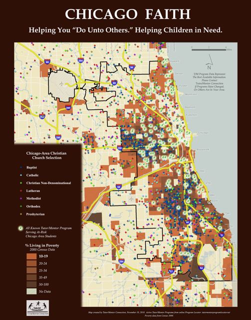 2010 T/MC map of Chicago showing tutor/mentor programs, churches and poverty levels by census tract