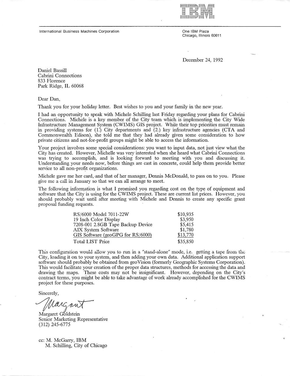 Scanned letter from IBM to Daniel Bassill, Cabrini Connections, dated December 24, 1992